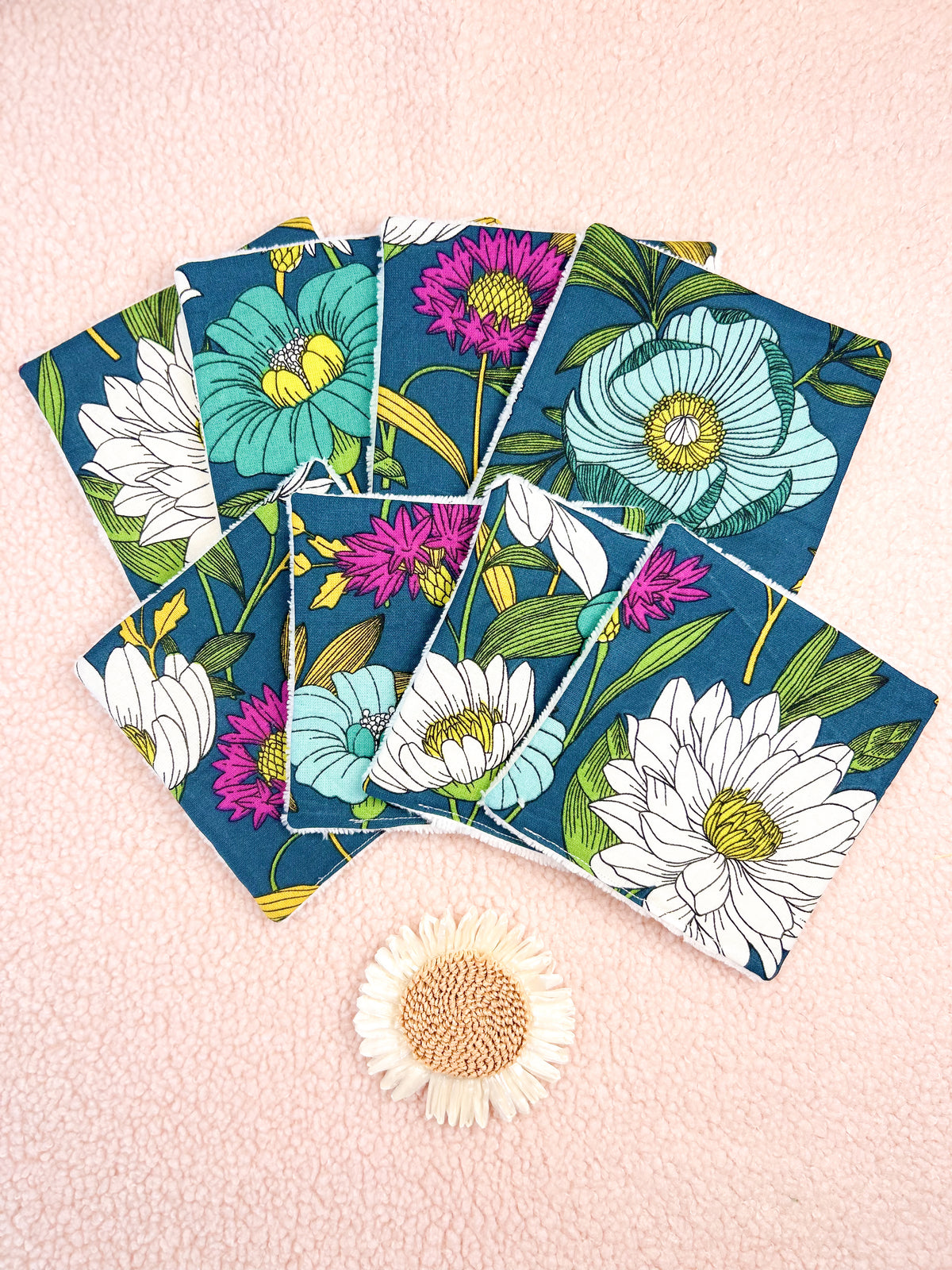 Lingettes lavables fond turquoise - lot de 8 lingettes
