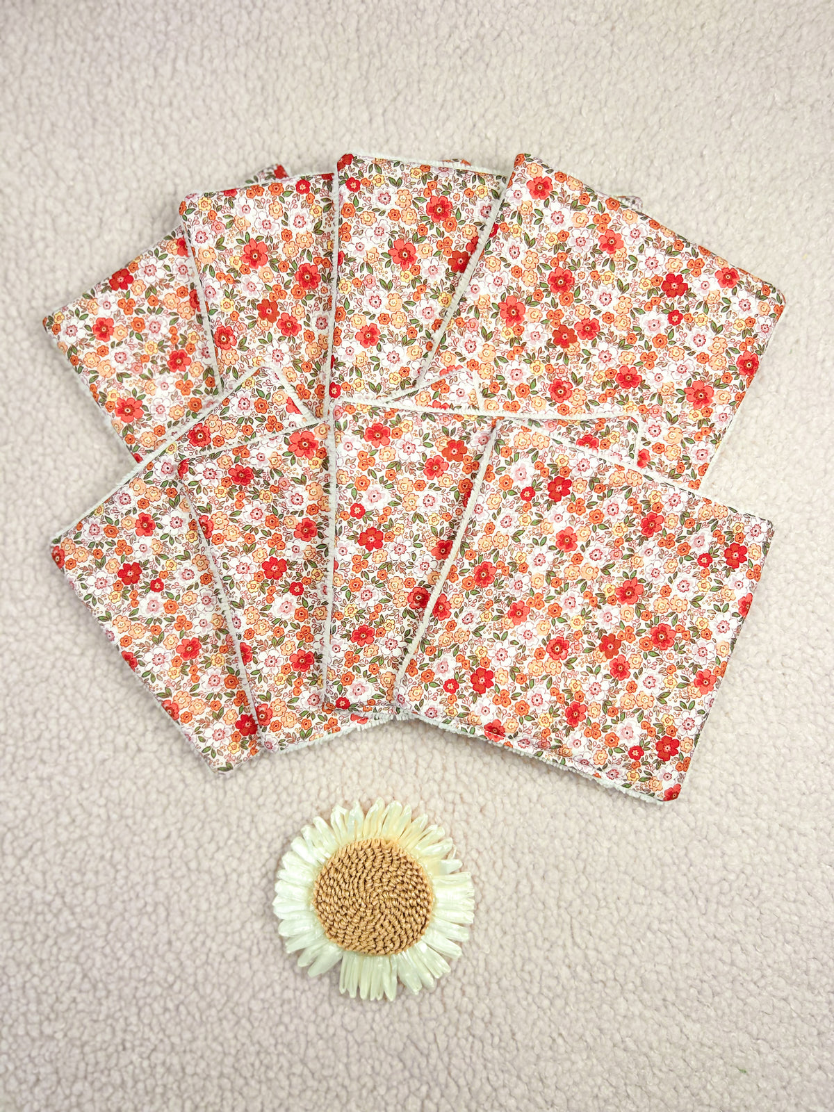 Lingettes lavables fleurs oranges - lot de 8 lingettes