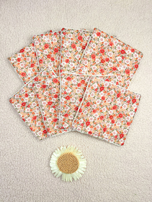 Lingettes lavables fleurs oranges - lot de 8 lingettes