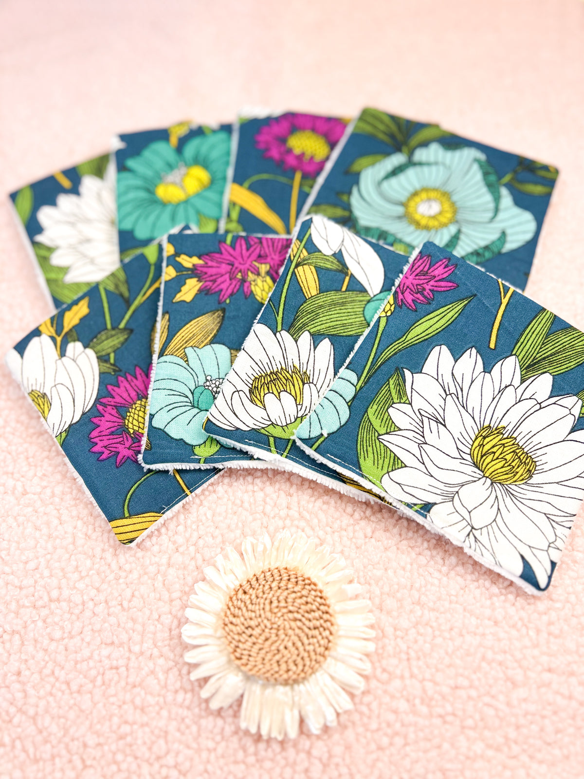 Lingettes lavables fond turquoise - lot de 8 lingettes