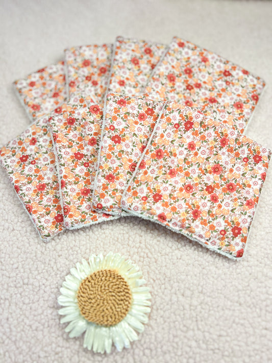 Lingettes lavables fleurs oranges - lot de 8 lingettes